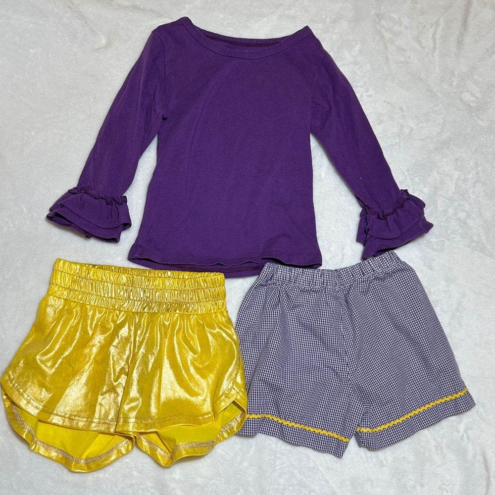 EEUC purple & yellow 3pc short set with ruffle sleeve top 3t